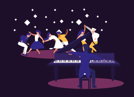 Musician man and dancers design, Music festival sound melody song musical art and composition theme Vector illustrationのイラスト素材