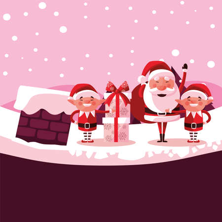 Santa and elfs cartoons design, Merry chritmas winter season decoration card invitation celebration and holiday theme Vector illustrationのイラスト素材