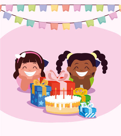Girls cartoons with cake and gifts design, Happy birthday card celebration decoration surprise party anniversay and invitation theme Vector illustrationのイラスト素材