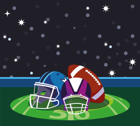 Helmets and ball in front of granstand design, Super bowl american football sport hobby competition game training equipment tournement and play theme Vector illustrationのイラスト素材