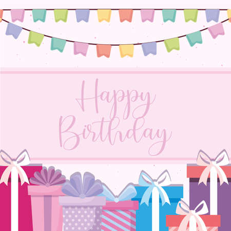 Gifts and banner pennant design, Happy birthday card celebration decoration surprise party anniversay and invitation theme Vector illustrationのイラスト素材