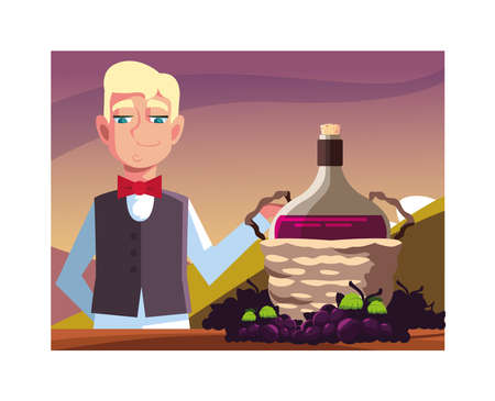 man professional waiter offering red wine vector illustration designのイラスト素材