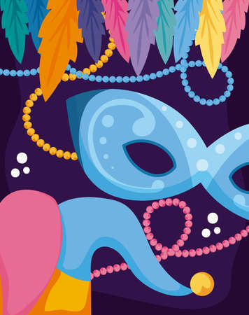 Mardi gras mask and hat with necklaces design, Party carnival decoration celebration festival holiday fun new orleans and traditional theme Vector illustrationのイラスト素材