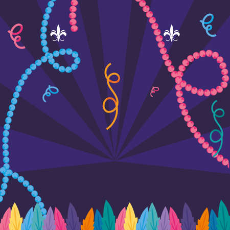 Mardi gras feathers and necklaces design, Party carnival decoration celebration festival holiday fun new orleans and traditional theme Vector illustrationのイラスト素材