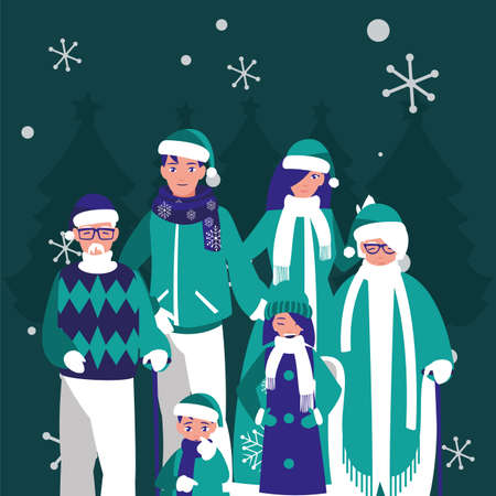 Family and snowflakes design, Merry chritmas winter season decoration card invitation celebration and holiday theme Vector illustrationのイラスト素材