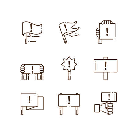 protest and warning signs icons set over white background, line style, vector illustration designのイラスト素材