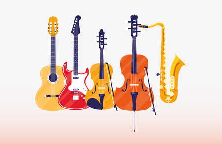 Guitar fiddle cello and saxophone instrument design, Music sound melody song musical art and composition theme Vector illustrationのイラスト素材