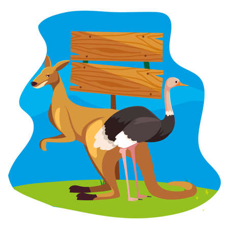 kangaroo and ostrich over landscape vector illustration designのイラスト素材