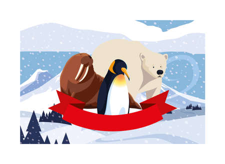arctic animals at the north pole, arctic landscape vector illustration designのイラスト素材