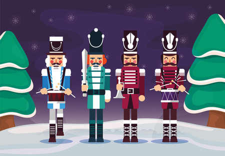 Nutcrackers and pine trees design, Merry chritmas winter season decoration card invitation celebration and holiday theme Vector illustrationのイラスト素材