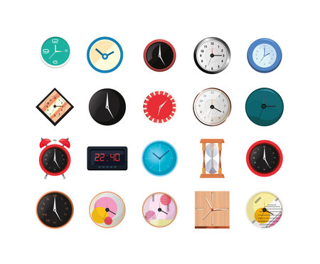 Clocks instruments icon set design, Time tool watch second deadline measure countdown and object...