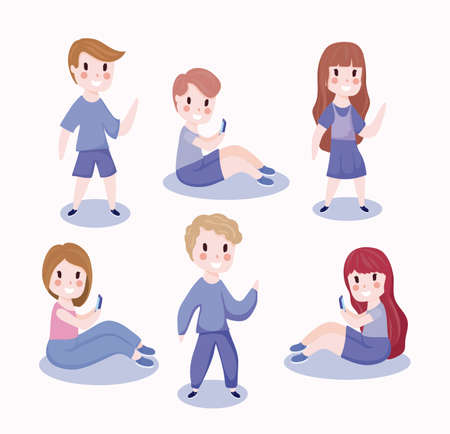 Boys and girls cartoons with smartphones design, Social media multimedia communication digital marketing internet web and connect theme Vector illustrationのイラスト素材