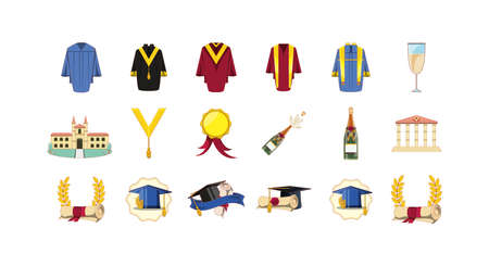 Graduation icon set design, University education school college academic ceremony degree and student theme Vector illustrationのイラスト素材