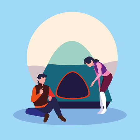 young couple with tent campaing vector illustration designのイラスト素材
