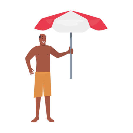 bald man holding umbrella vacations tropical summer vector illustrationのイラスト素材