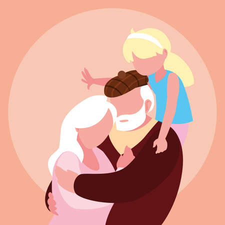 cute old couple hugged with granddaughter vector illustration designのイラスト素材