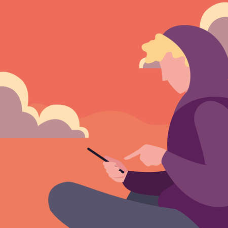 young man sitting using smartphone media vector illustrationのイラスト素材