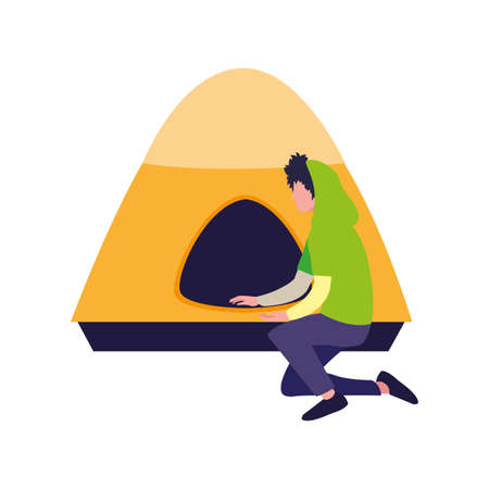 man with tent camping hiking vector illustrationのイラスト素材