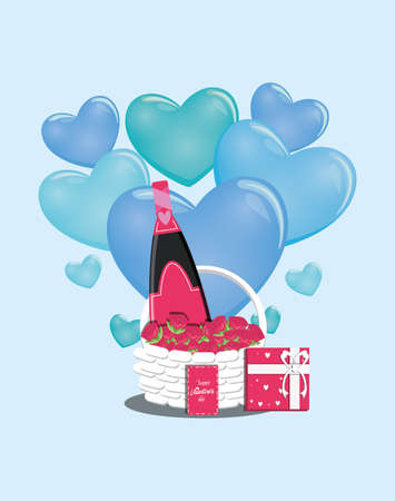 Roses gift and champagne bottle design of Happy valentines day love passion romantic wedding decoration and marriage theme Vector illustrationのイラスト素材