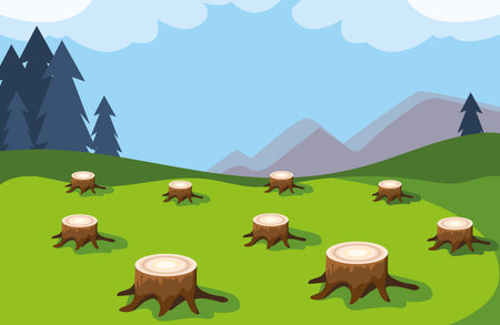 tree stumps showing deforestation, environmental disaster vector illustration designのイラスト素材