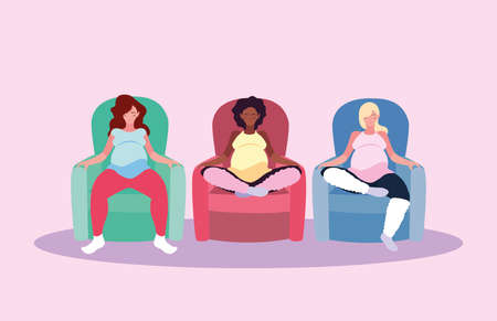 women pregnant seated in sofa avatar character vector illustration designのイラスト素材