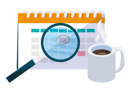 calendar reminder with coffee cup and magnifying glass vector illustration designのイラスト素材
