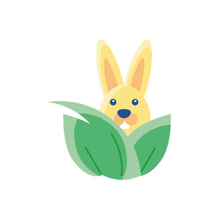 leaves with cute rabbit over white background, flat style icon, vector illustrationのイラスト素材