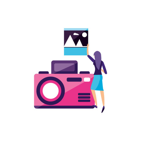 woman with camera photographic device vector illustration design