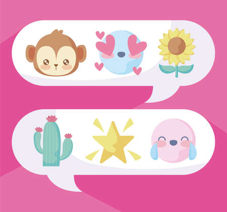 chats bubbles with cute emojis over pink background, colorful design, vector illustrationのイラスト素材