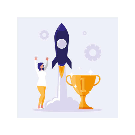 businesswoman with flying rocket, success of business vector illustration designのイラスト素材