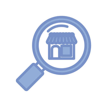 magnifying glass and store icon over white background, blue outline style, vector illustrationのイラスト素材