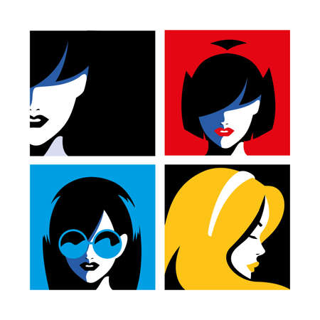 set of cards with fashion women portraits vector illustration designのイラスト素材