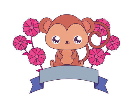 monkey cartoon with flowers and ribbon design, expression cute character funny and emoticon theme Vector illustrationのイラスト素材