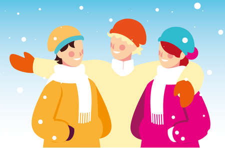 group of people with winter clothes in landscape with snowfall vector illustration designのイラスト素材