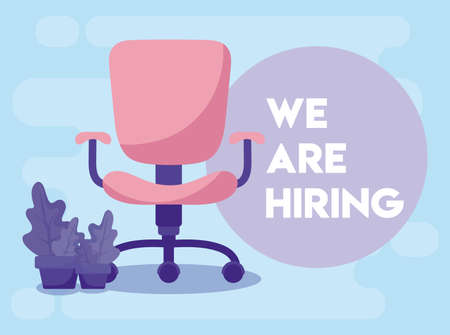 We are hiring message with office chair and plants design, job work employee business employment career recruitment wanted interview employer and recruit theme Vector illustrationのイラスト素材