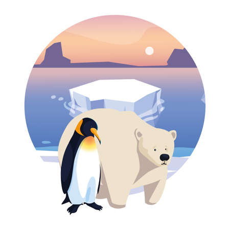 arctic animals in landscape with blue sky and iceberg vector illustration designのイラスト素材