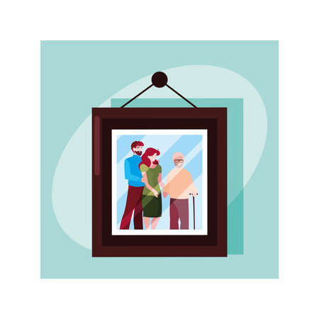 family photo in frame , portrait hanging on wall vector illustration designのイラスト素材