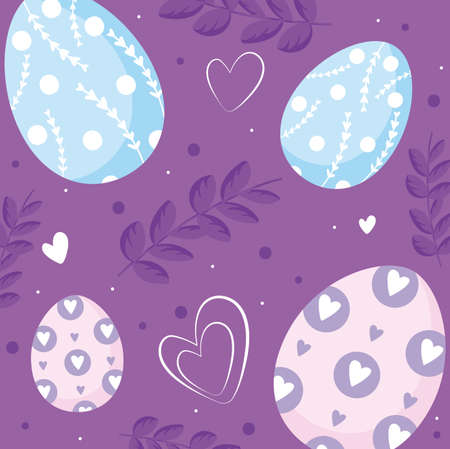 Happy easter eggs and leaves background design, Spring decoration holiday greeting ornament celebration festive season tradition and festival theme Vector illustrationのイラスト素材