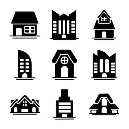 set of icons of towers of apartment, office building and house , silhouette style icon vector illustration designのイラスト素材