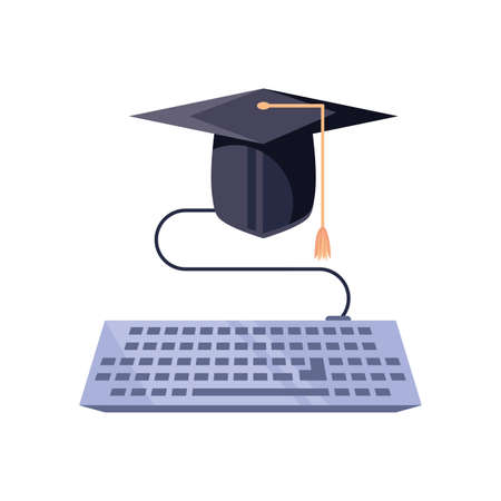 computer keyboard with graduation hat vector illustration designのイラスト素材