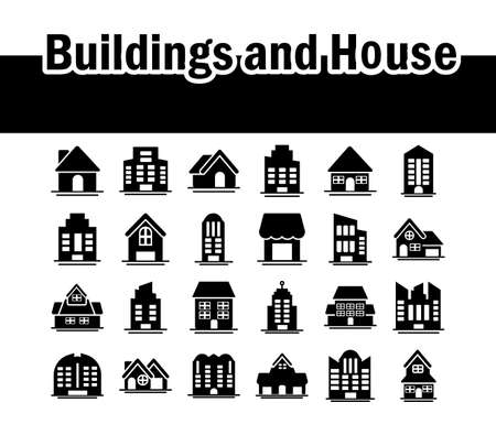 set of icons of towers of apartment, office building and house , silhouette style icon vector illustration designのイラスト素材