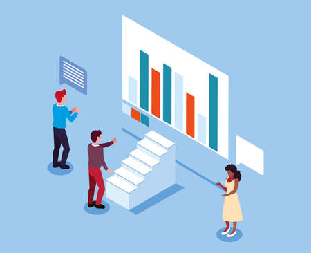 group of people with graphs in front, business working processes and brainstorming vector illustration designのイラスト素材