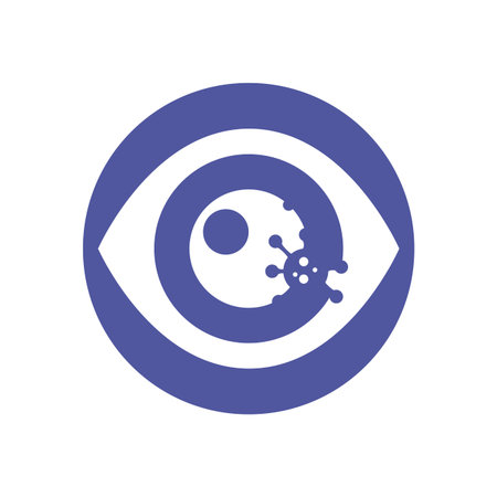 eye with bacteria germ over purple circle and white background, block style icon, vector illustrationのイラスト素材