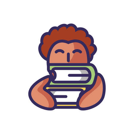 cartoon boy with books stack over white background, colorful line and fill style, vector illustrationのイラスト素材