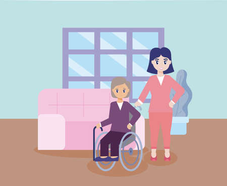 young woman takes care of old woman vector illustration designのイラスト素材