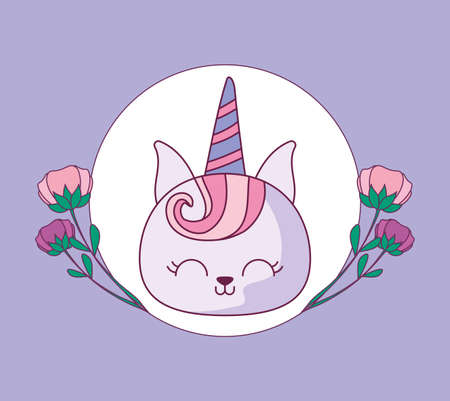 cat unicorn cartoon with flowers design, Kawaii expression cute character funny and emoticon theme Vector illustrationのイラスト素材