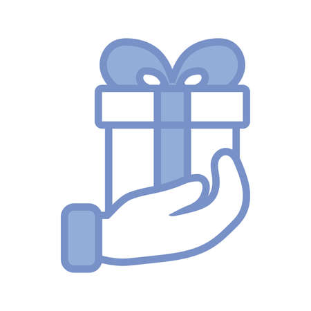 hand holding a gift box icon over white background, blue outline style, vector illustrationのイラスト素材