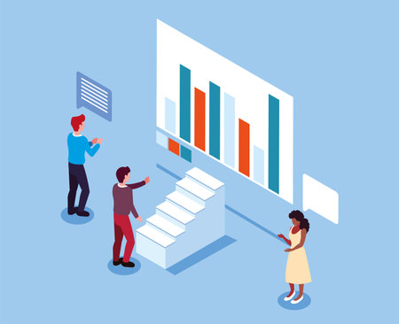 group of people with graphs in front, business working processes and brainstorming vector illustration designのイラスト素材