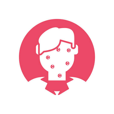 man with varicella over pink circle and white background, block style icon, vector illustrationのイラスト素材