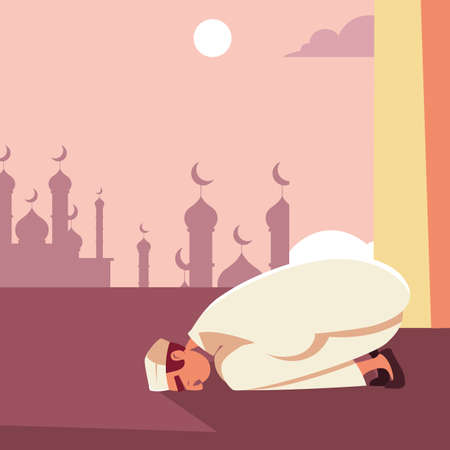 man Muslim praying in mosque, ramadan kareem vector illustration designのイラスト素材